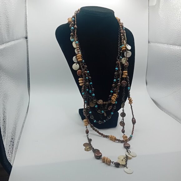 Bohemian Boho Hippie Layered Necklace Wood Beads Turquoise Statement Jewelry - Picture 2 of 8